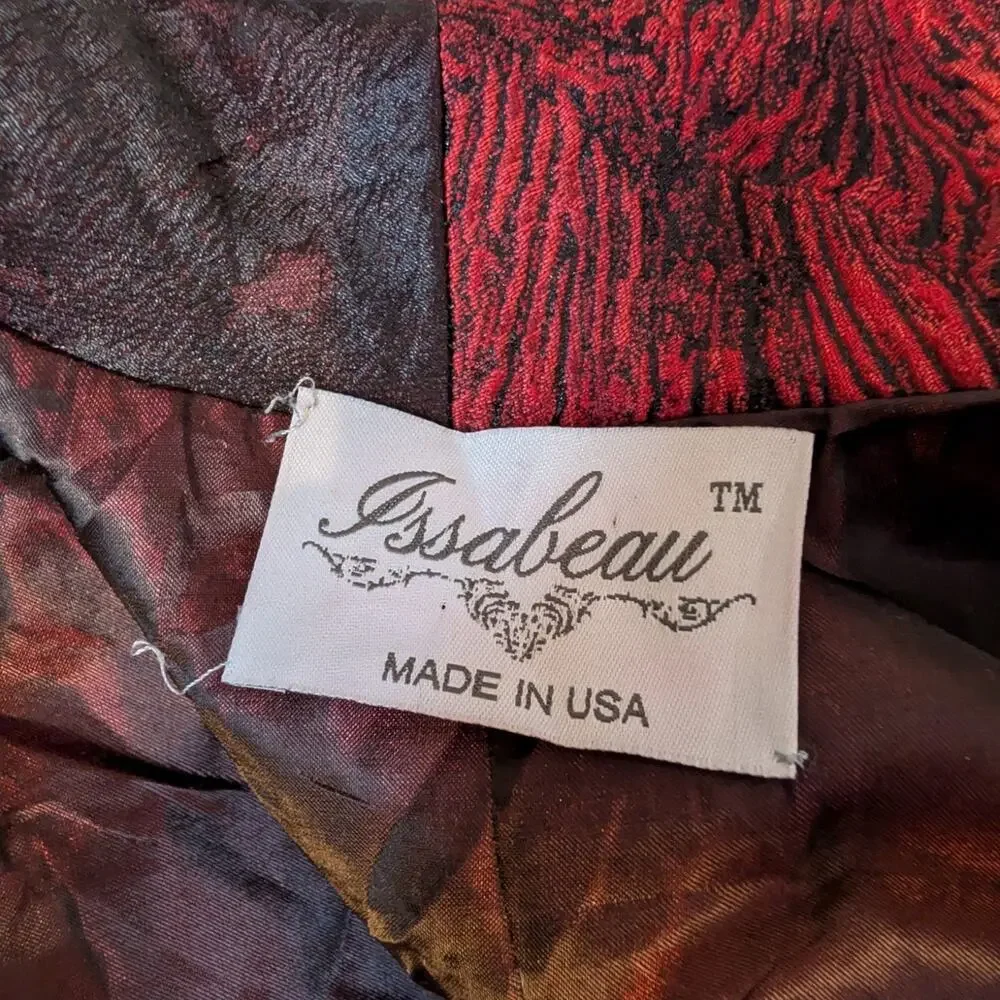 Vintage 80s Issabeau Girls Brocade Party Coat Dress Red Black Jacquard Fit Flare